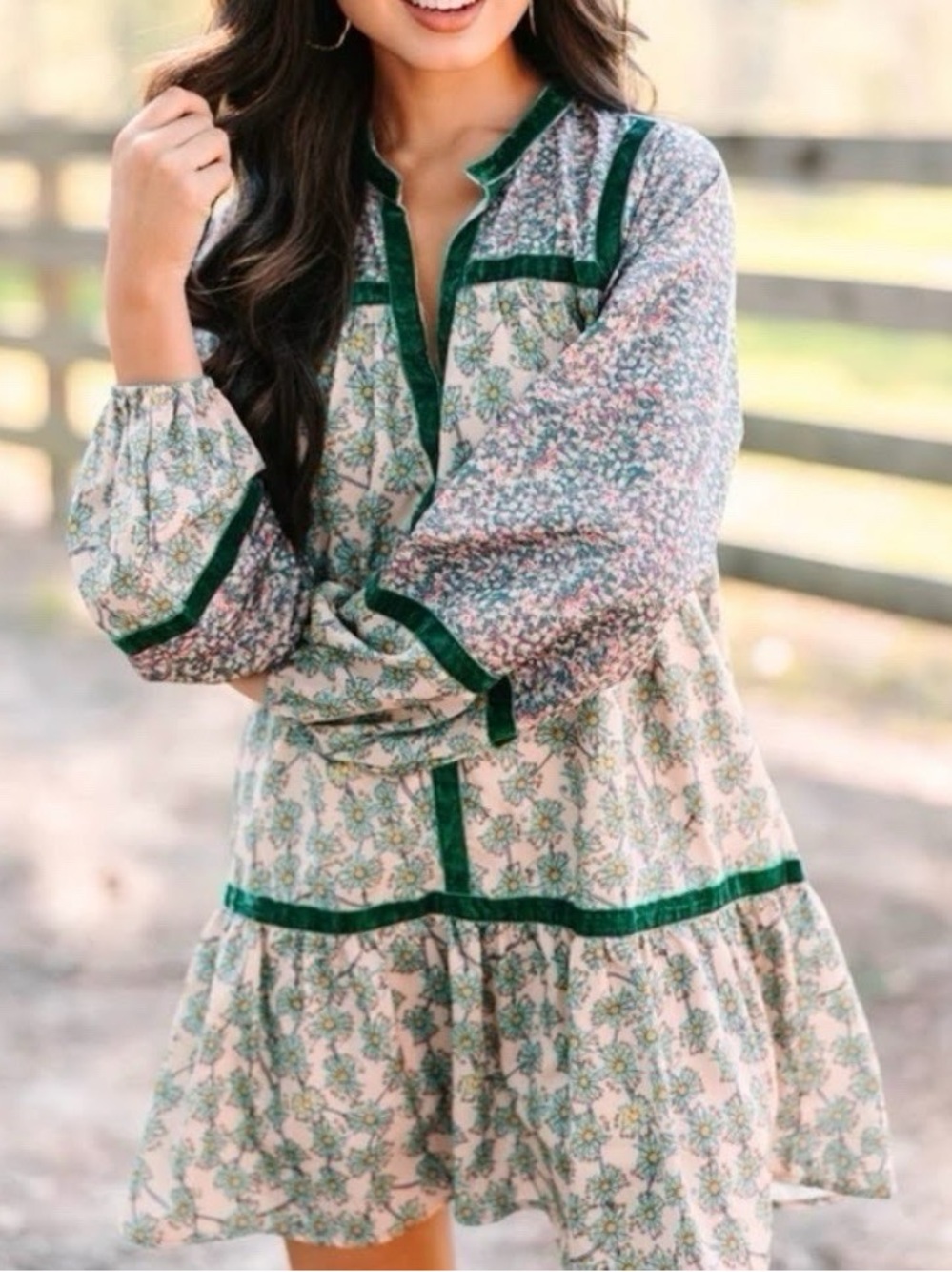 Entro Boho Floral Peasant Dress with Green Velvet Trim - Picture 1 of 6